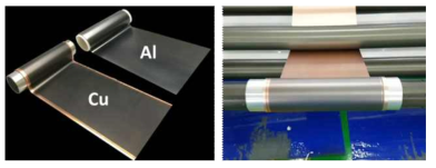엣지부분산화 그래핀이 코팅된 구리, 알루미늄호일(좌) Roll-to-roll 공정사진 (우)