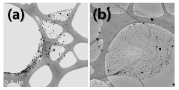 그래핀 – 금속나노입자 복합체 TEM 사진 (a)기존합성법, (b)연속식 고속반응 시스템