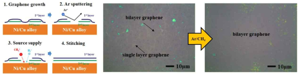 플라즈마 이용한 그래핀의 결함치유 공정 도식도 및 그래핀의 광학이미지