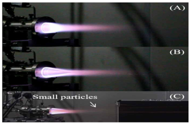 (수식) Pictures of RDE plume: (A) with bluff body at  = 152.6 g/s, Φ = 0.45, (B) with conical center body at  = 163.0 g/s, Φ = 0.47, and (C) small particles due to the ablation(3,840 x 2,160 resolution using Sony RX-100M5 camera)