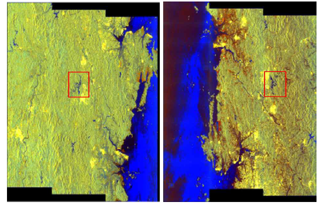 Sentinel –1 False Color 이미지 Descending 궤도(좌)와 Ascending(우)