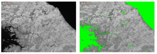 (좌) GOCI-II에서 나타나는 한반도 내륙수 형태, (우) NIR 밴드를 활용한 수체 탐지 결과