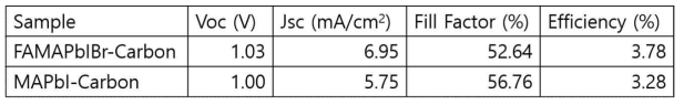 Carbon 전극을 이용한 FAMAPbIBr과 CsPbIBr 페로브스카이트 태양전지 중요 특성