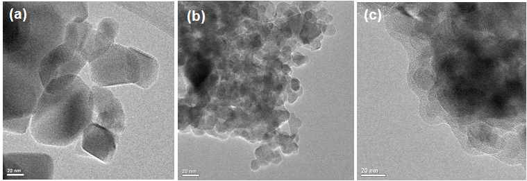 TEM images of (a) TiO2(P25), (b) TiO2 (TS), © TiO2/CNT photocatalysts