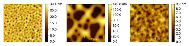 왼쪽부터 CBP, mCP, CBP:mCP 박막의 AFM 이미지