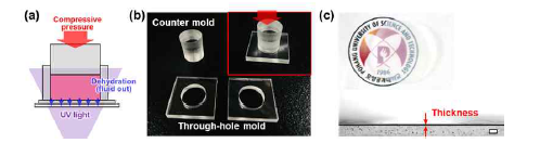 (a) 밀폐형 동시 압축-가교 공정 개념도. (b) 밀폐형 동시 압축-가교 공정을 위한 파트. (c) 제작된 고강성 콜라겐 멤브레인 및 이의 단면(Scale bar, 100 μm)