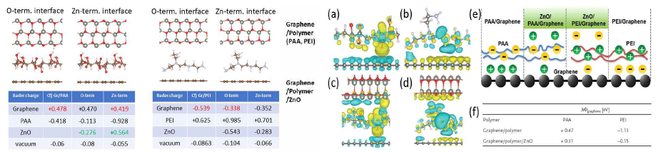 (좌)그래핀/폴리머/ZnO 구조에서 폴리머 전하 분포에 따른 그래핀의 일함수 변화 양상 (우) 그래핀/폴리머, 그래핀/폴리머/ZnO 구조에서 도핑에 의한 그래핀의 공간상 전하 분포 변화와 그 도식 및 일함수 변화량