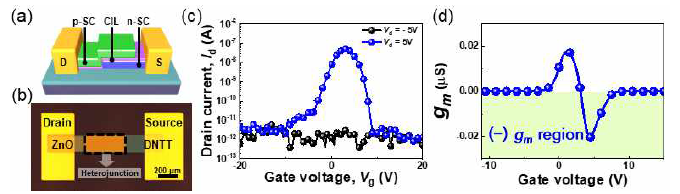 (a) Anti-ambipolar 소자 모식도, (b) 광학 이미지, (c) I-V 특성 및 negative transconductance 특성