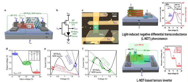 (좌) BP/ReS2 Schottky junction을 이용한 NDR 소자와 BP TFT를 연결한 삼진 인버터, (우) Photoinduced drain current에 의한 L-NDT 현상을 응용해 삼진 인버터 개발