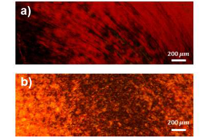 a) 순수한 그래핀산화물의 편광현미경 이미지 b) 나노다이아몬드/그래핀산화물 혼합용액의 편광현미경 이미지
