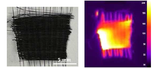 환원된 나노다이아몬드/그래핀산화물 복합섬유 직물 이미지 (좌) 와 10 V 전압을 인가하였을 때 직물의 열화상 이미 지 (우)