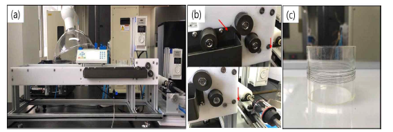 제작된 습식방사 장치 (a) 전체사진 (b) 권취부 (c) 권취된 그래핀산화물 섬유