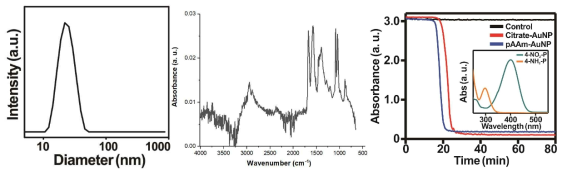 (left) Dynamic light scattering (DLS) measurement, (middle) FT-IR spectrum of the synthesized AuNPs, and (right) catalytic reduction of 4-nitrophenol using pAAm-AuNPs as catalysts