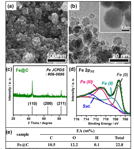 개발된 Fe@C의 (a) SEM, (b) TEM, (c) XRD, (d) XPS, (e) EA 분석 결과