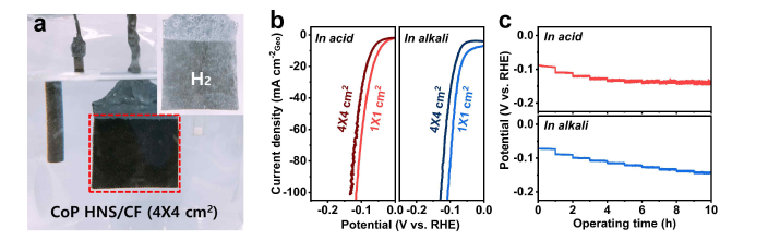 (a) 대면적 CoP 전극의 측정 모습, (b) 대면적화 전·후 LSV 분석 결과 비교, (c) 멀티스텝 정전류 시험 분석 결과