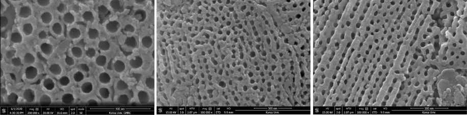 A-TiO2 NTA (좌), Blue-TiO2 NTA (중) 및 Ti3O5 NTA의 (우) FESEM 이미지