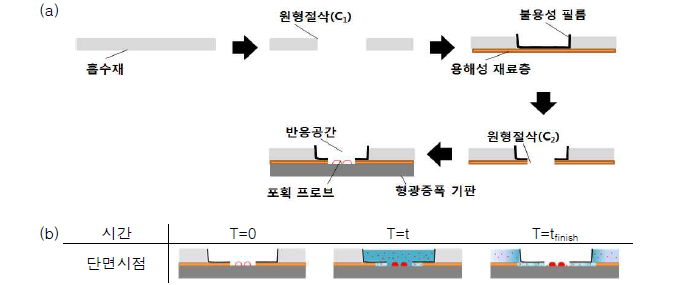 (a) 샘플용액 수동 이동형 센서 카트리지 제작과정, (b) 작동 메커니즘 모식도