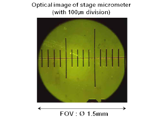 100 ㎛ 간격의 stage micrometer를 통한 관측시야 측정