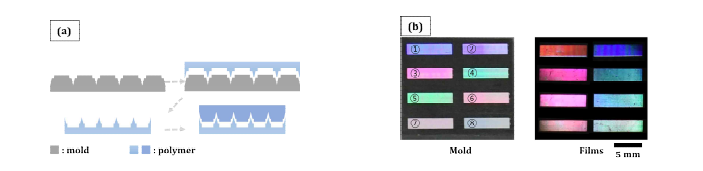 (a) 초정밀가공·패턴전사·필름적층으로 구성된 스마트 융합제조 공정 개념도; 및 (b) 융합공정으로 제작된 구조색을 갖는 몰드(좌)와 패턴된 필름(우)