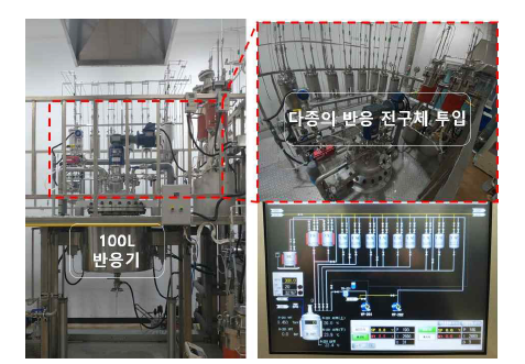 다종의 반응용 액상 전구체 주입 시스템과 냉각 시스템을 갖춘 100 L 반응기와 그 개요도