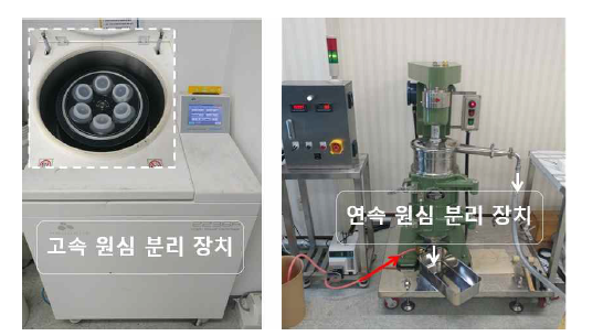 고속 원심 분리 장치(좌) 및 연속 원심 분리 장치(우)를 이용한 정제 공정 시스템 구축