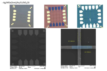 e-beam lithography 와 e-beam evaporation 이용한 제작된 선폭 500nm의 나노스위칭 array 소자의 광학이미지 와 SEM 이미지