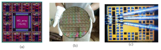 (a)Layout of test module, (b)8-inch wafer, and (c)die photography