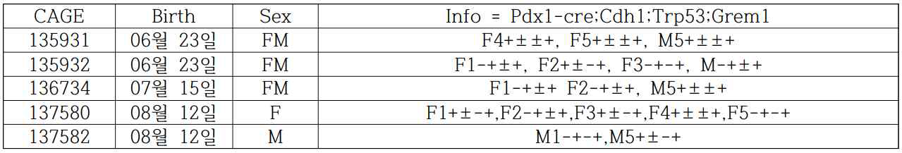 Pdx1-Cre;Grem1TG/TG;Cdh1F/F;Trp53F/F mouse현황