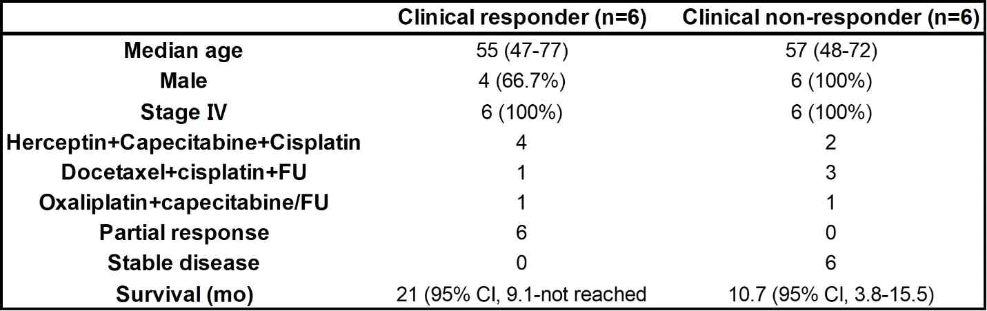 Clinicopathological variables for twelve patients whose endoscopic biopsy samples were analyzed by global proteomic profiling