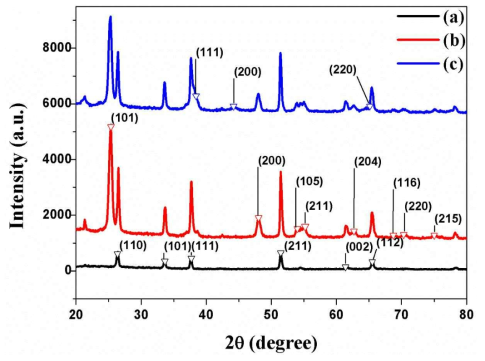 (a) 투명전극 FTO 결정 구조, (b) TiO2 나노 튜브 어레이 결정 구조, 그리고 (c) 금 나노 입자 결정 구조