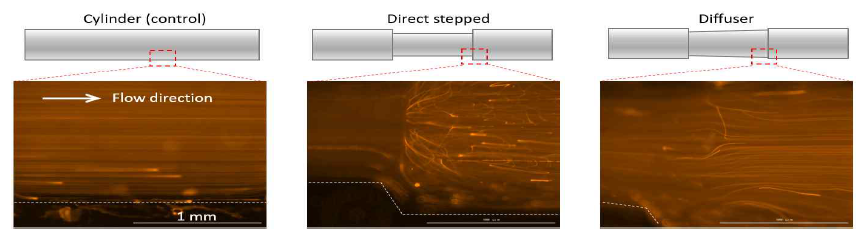 혈관문합기 디자인별 형광미세입자의 흐름 관찰