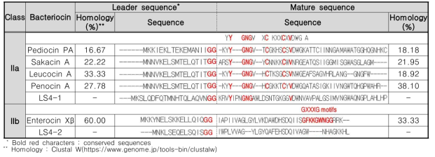 Bacteriocin과 LS4 polypeptide 2종의 아미노산 서열 비교