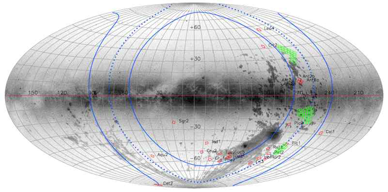 은하좌표계의 Aitoff projection. 파란 점선은 Disk of Satellites 의 자취이고, 붉은 사각형은 본 연구의 선행연구인 KMTNet 1단계 관측기간(2015. 10.1.~ 2020.9.30.)에 시계열 관측된 왜소은하가 속한 실제 관측영역을 나타낸다. 녹색으로 표시된 부분이 본 과제에서 지난 1년 3개월간 시계열 탐사관측한 영역이다