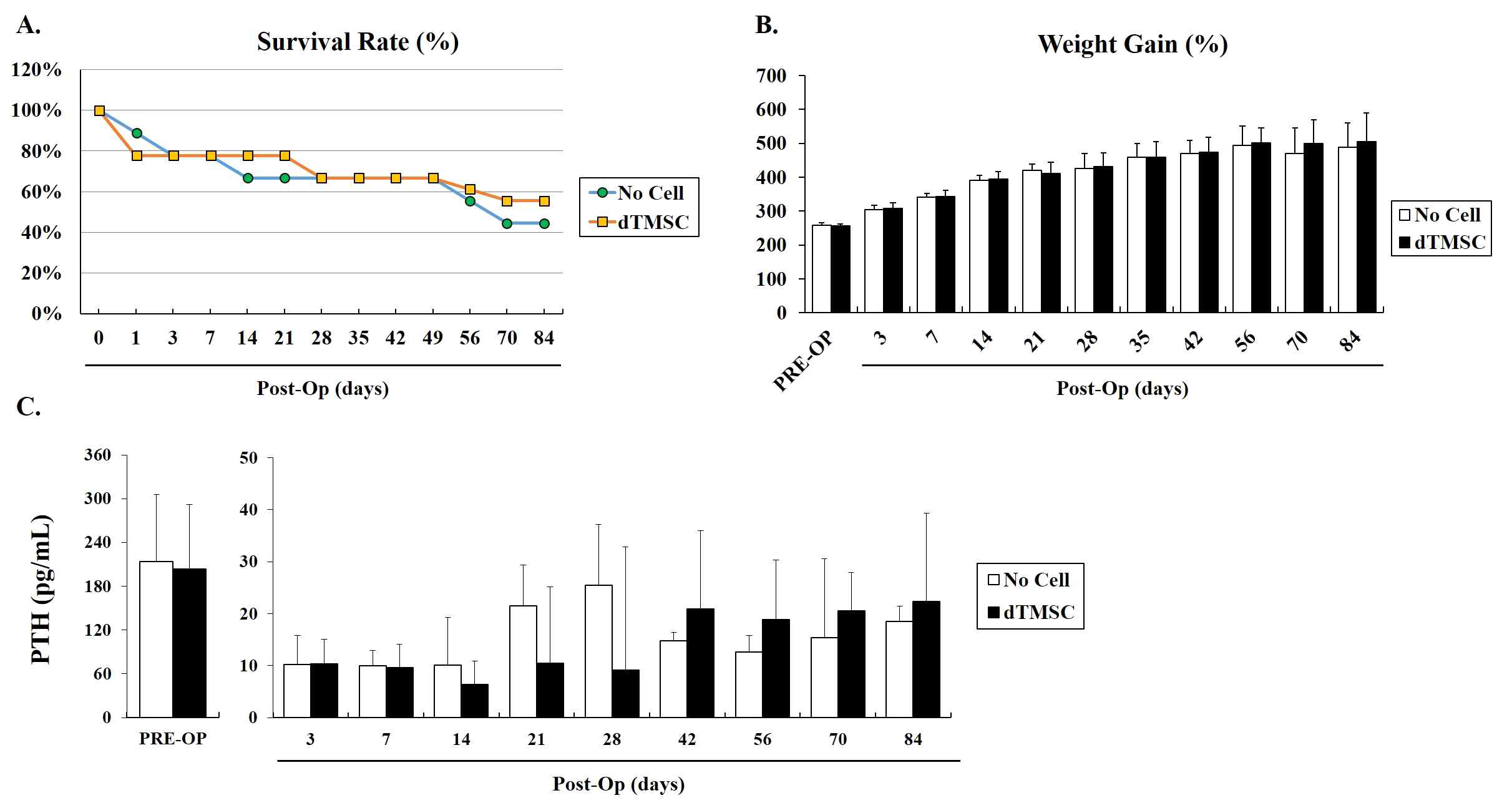 Set.1 - in vivo 유효성 실험. (A) 생존율, (B) 체중 변화, (C) intact PTH levels. (No Cell: 세포전달체만 이식한 군, dTMSC: 7일 동안 분화 유도시킨 부갑상선호르몬 분비세포와 세포전달체를 이식한 군)