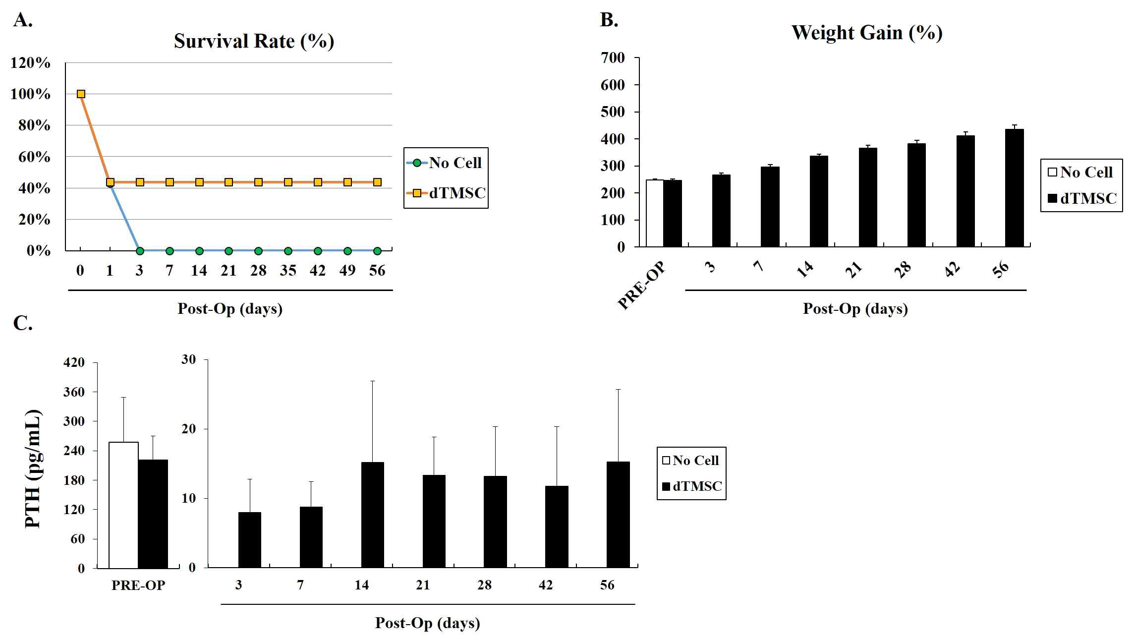 Set.3 - in vivo 유효성 실험. (A) 생존율, (B) 체중 변화, (C) intact PTH levels. (No Cell: 세포 전달체만 이식한 군, dTMSC: 7일 동안 분화시킨 부갑상선호르몬분비세포와 세포전달체를 이식한 군)