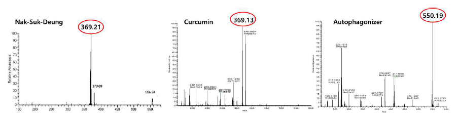 Mass spectra of the final three selected compounds (Voacangine, curcumin, and autophagonizer)