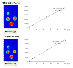 Calibration and quantification of APZ droplets on tumor tissue. iMS image of MS signal intensities of APZ in a concentration range of 10 nM, 100 nM, 1 μM, 10 μM, and 100 μM. Calibration curve of APZ. Equation, Y=2230X+13228. Correlation Coefficient, R2=0.9305