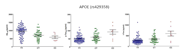 APOE 치매위험 유전변이의 유전형에 따른 CSF내 Aβ42, tTau, pTau 정량 그래프