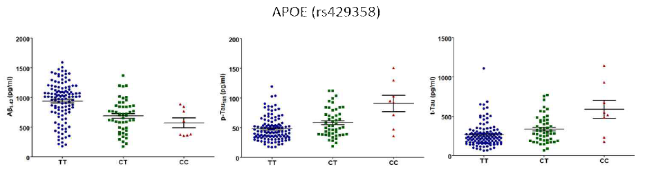 APOE 치매위험 유전변이의 유전형에 따른 CSF내 Aβ42, tTau, pTau 정량 그래프