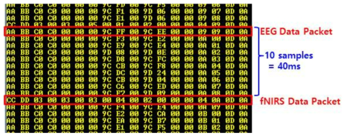 EEG/fNIRS 동시 획득시 데이터 패킷의 캡처 예