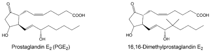 Structures of PGE₂ and its derivative 16,16-dimethyl PGE₂