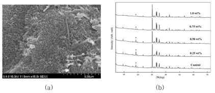 (a) SEM-EDX image of CSH on the fractured surface of Pitch-based CF mortar composite, (b) XRD test results