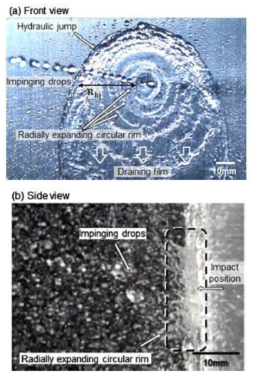 (a) 액적이 벽에 연속적으로 충돌되어 스플레쉬 되는 정면 촬영 (b) 액적의 필름으로 인해 솟아오르는 가장자리 및 스플레쉬 측면 촬영