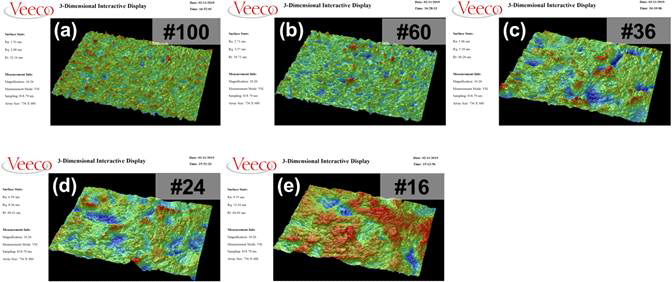 AFM images of 3-Dimensional interactive display changing the grit number (a) #100, (b) #60, (c) #36, (d) #24 and (e) #16. Images were obtained from Veeco optical profiling system