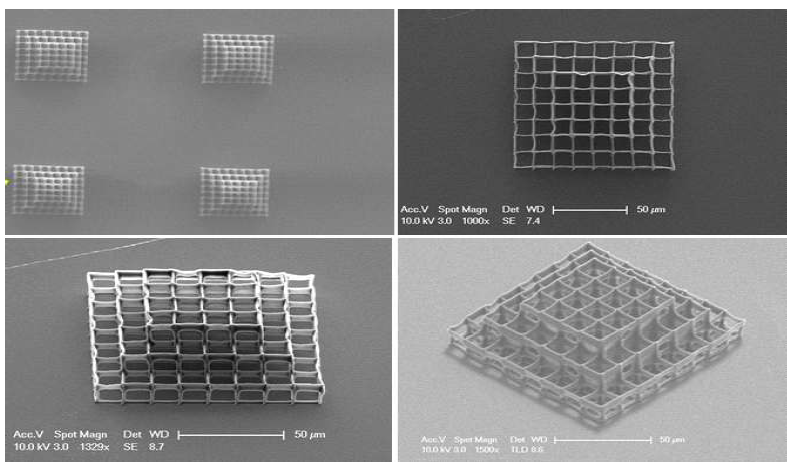 The SEM image of the 3D cancer cell chip fabricated on the ITO glass. The structure consists of three floors. The dimensions of each unit compartment are 12 μm ×12 μm ×12 μm. The first floor consists of 64 compartments, the second floor consists of 36 compartments,and the third floor consists of 16 compartments