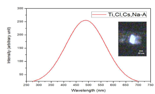 Ti,Cl,Cs,Na-A의 발광파장 (X-선 조사, 50 kV, 30 mA) 과 가속기 X-선 조사시 섬광 사진