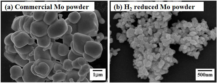 SEM image of (a) commercial Mo powder, and (b) H2 reduced Mo powder