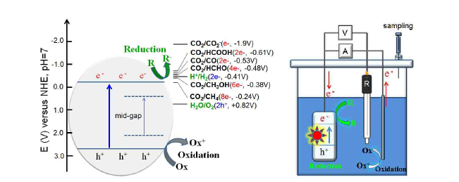 이산화탄소 환원과 물 산화/환원에 대한 에너지 레벨 (좌) (좌)과 합성된 촉매의 광전기화학적 효율 측정방법 (우)