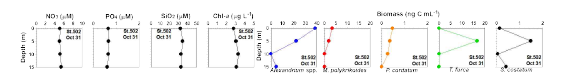 정점 502의 영양염류와 엽록소 및 주요 적조 종의 출현 농도 (2020년 10월 31일)