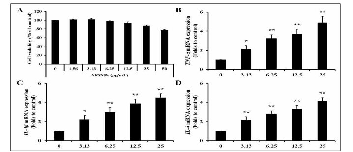 H292 세포에서 산화알루미늄 나노입자의 노출에 의한 염증유발 cytokine의 증가